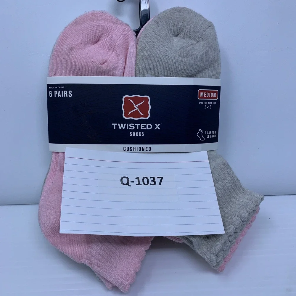 Twisted X Womens Medium Pink Grey 6 Pairs Cushioned Quarter Length Socks